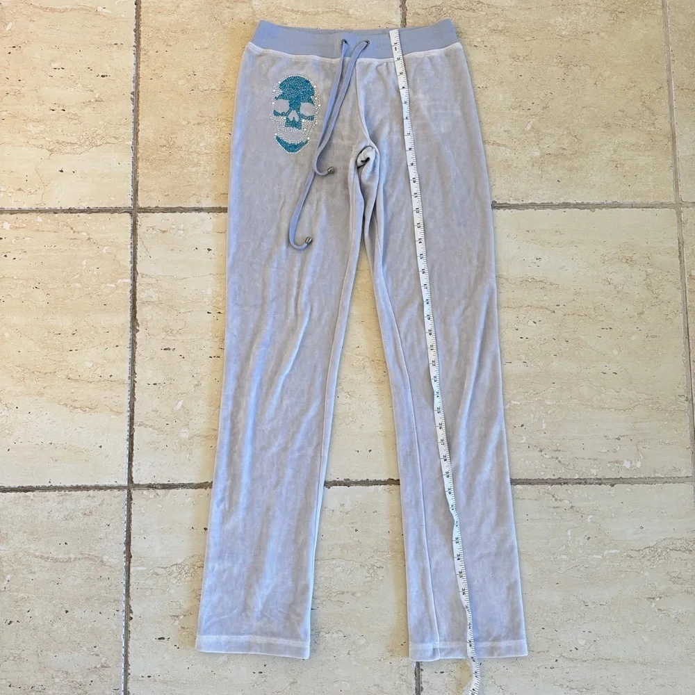 Philipp Plein Gray Velour Pants with Teal Crystal Skull Logo, Size S